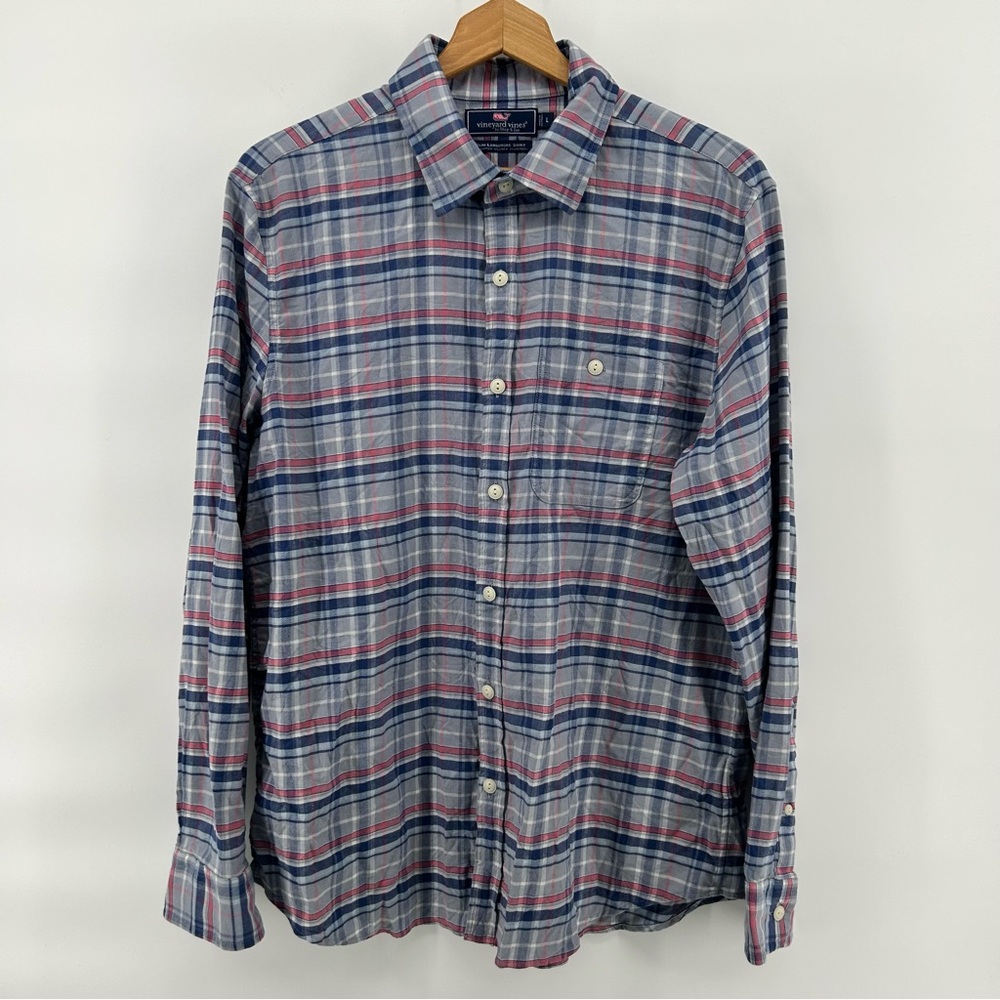 Vineyard Vines Mens L Slim Longshore Shirt Plaid Cotton Linen Gray Blue Coastal